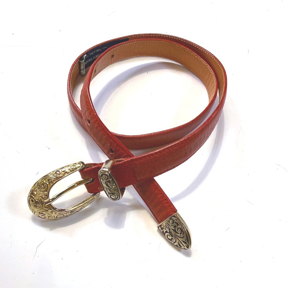 Ginnie Johansen Red Leather Western Belt Gold Engraved 3 Piece Buckle Tip 1in